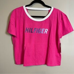 Tommy Hilfiger Sport Crop Top Tee Size Medium Pink Fuchsia Keyhole New Spellout